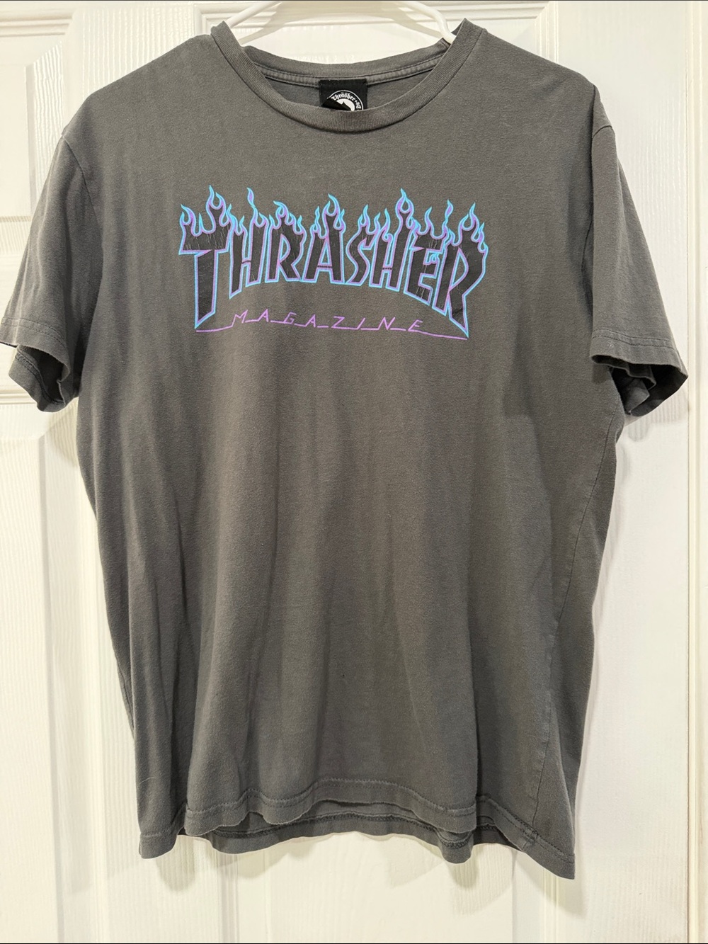 Thrasher Men's Gray T-Shirt with Blue-Purple Flame Logo